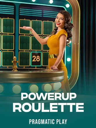 Devant un grand tableau de numéros, une croupière en robe jaune présente PowerUP Roulette, un jeu télévisé en direct qui revisite la roulette