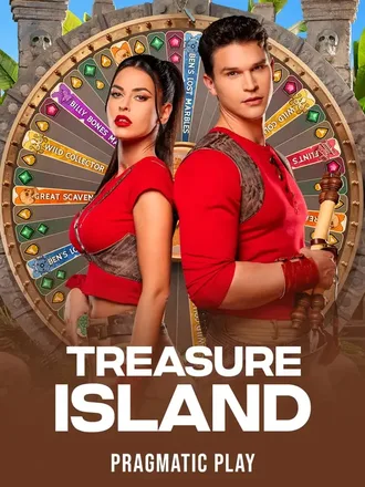 Une animatrice et un animateur en tenue d'aventuriers posent devant une roue de pirates dans Treasure Island, un jeu télévisé en direct